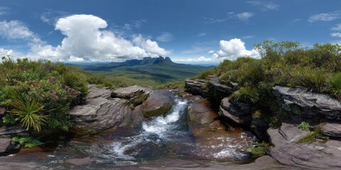 Stunning hdr 360-degree panoramic view of slender stream in nature captured in a lush environment