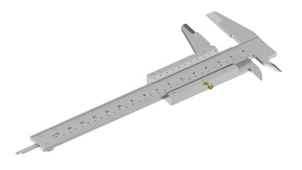 Precise metal caliper with detailed measurement markings isolated on white background - 3D rendering
