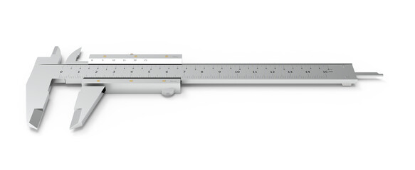 Precise metal caliper with detailed measurement markings isolated on white background - 3D rendering