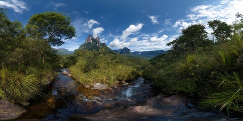 Exported hdr panoramic scene of a slender stream nature 360-degree view lush environment
