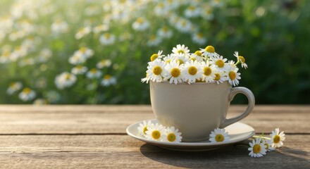 Delicate chamomile blossoms in a light gray cup on a rustic wooden table, bathed in sunlight, with a field of chamomiles in soft focus in the background