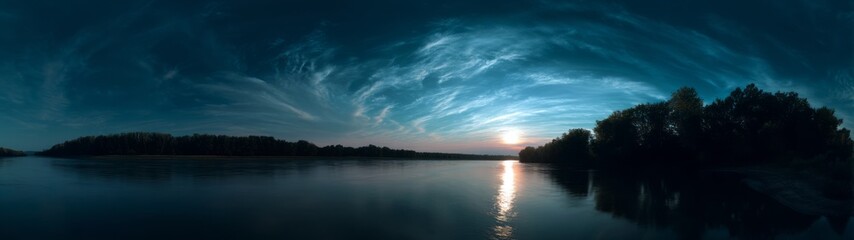 Serene sunset over calm lake nature hdr panoramic scene 360-degree viewpoint