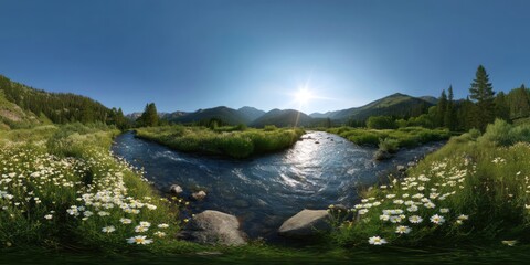 Hdr panoramic scene of a slow-moving river nature 360-degree view bright daylight
