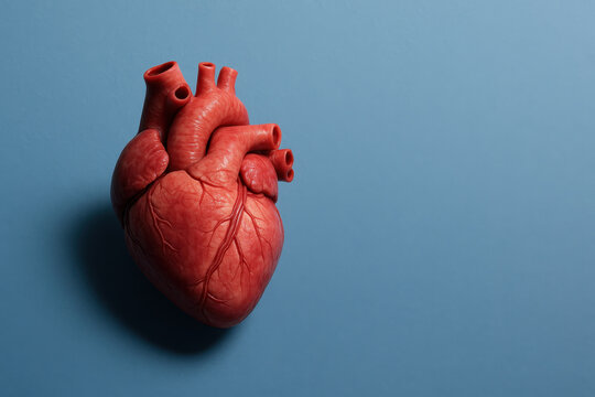 Isolated human heart organ on blue background with shadow detailed anatomical model medical concept healthcare science education realistic texture emotional focus on life and health
