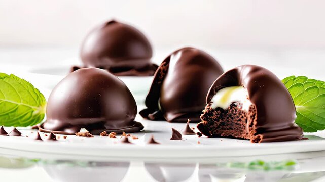Delicious chocolate desserts with creamy centers and fresh mint leaves on a white plate