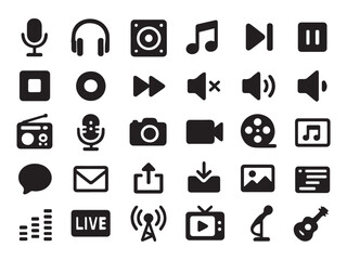 Digital Media & Entertainment Icon Set &ndash; Music, Video and Social Symbols