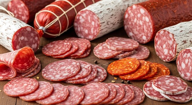 Assortment of Salami and Cured Meats on a Wooden Table.