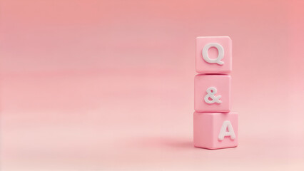 pink minimal background with stacked blocks displaying q and a letters representing question and answer concept customer support information communication and online interaction