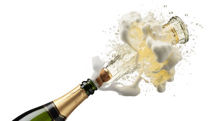 Champagne bottle exploding with bubbly liquid isolated on white background