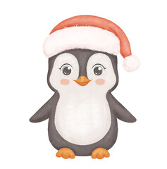 Penguin in red Santa hat. Cute animal isolated on white background. Childish watercolor winter illustration.