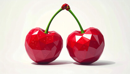 Low-poly cherry pair with faceted red surfaces and green stems isolated on white background, stylized 3D polygon fruit illustration, retro geometric digital art design