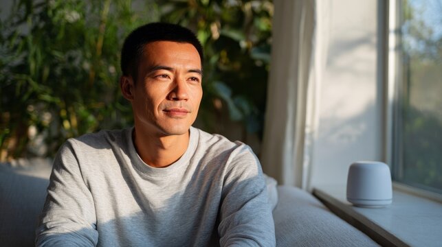 Asian man sitting near a window with a smart speaker on a table.