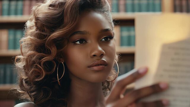 Young woman with styled hair poses confidently in vintage library surrounded by books
