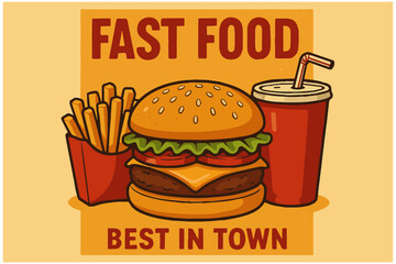 A vintage style of fast food poster with burger and coke