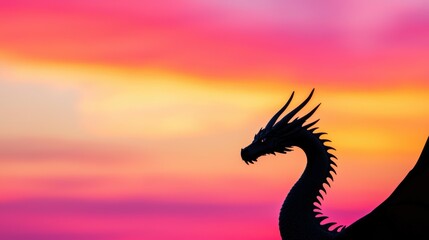 Dragon Silhouette Black dragon silhouette against a vibrant sunset sky, wings outstretched, creating a dramatic and powerful image