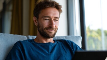 Man sitting on couch using laptop