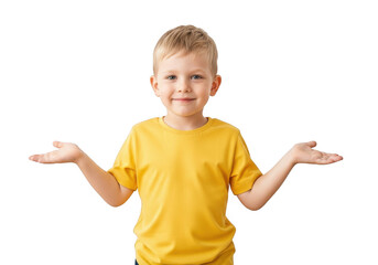 Cute little boy in yellow shirt shrugging his shoulders isolated on transparent background he is smiling and looking at the camera with open arms