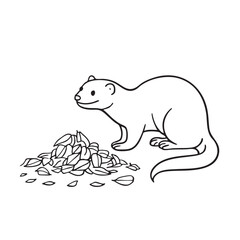 A weasel beside a pile of leaves scattered across the yard