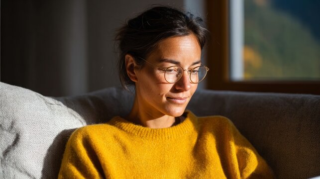 Woman sitting on couch, smiling, wearing glasses, yellow sweater, indoors.