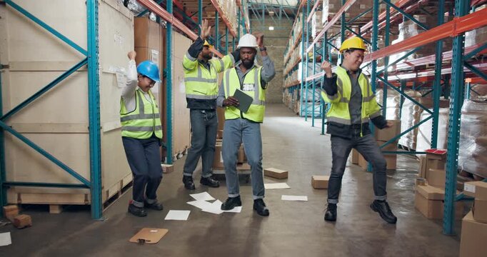 Business people, warehouse and dancing with group in logistics for storage success or distribution. Excited team employees or inventory with energy or vibe together for supply chain or stock control
