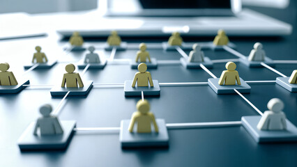 organizational structure with miniature business figures connected by lines symbolizing teamwork hierarchy corporate communication and leadership management in modern company