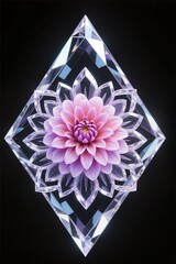 A surreal, simple 3d artwork of Dahlia flower in diamond crystal mandala style, black background