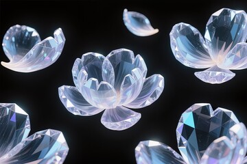 A surreal, simple 3d artwork of Peony petals in luminous diamond crystal texture, black background