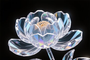 A surreal, simple 3d artwork of Peony petals in luminous diamond crystal texture, black background