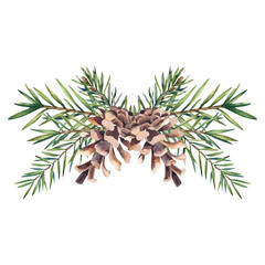 Spruce branch, isolated watercolor illustration. A Christmas tree in a green coniferous forest. Pine branches and greenery are hand-painted. Fir branch. Decorative design for the new year 2026