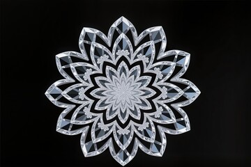 A surreal, simple 3d artwork of Lotus mandala in diamond gemstone carving, elegant detail, black background