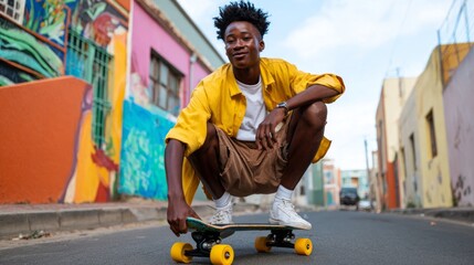 Man riding skateboard in colorful urban setting.