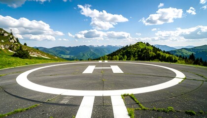 Obraz premium Wide-angle, eye-level view of a mountaintop helipad with bold white lines and the letter 'H' on asphalt, overlooking a scenic mountain range with lush spring or summer greenery and a bright blue sky.