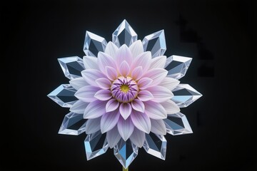A surreal, simple 3d artwork of Dahlia flower in diamond crystal mandala style, black background