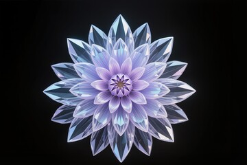 A surreal, simple 3d artwork of Dahlia flower in diamond crystal mandala style, black background