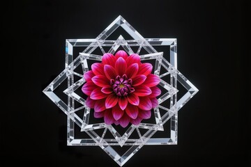 A surreal, simple 3d artwork of Dahlia flower in diamond crystal mandala style, black background