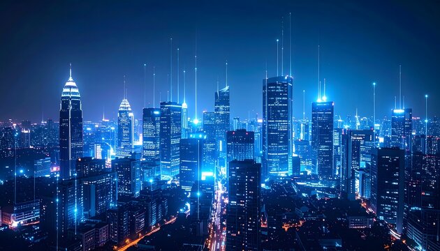 Vast night city skyline with skyscrapers immersed in a futuristic blue glow. Abstract digital lines and data points rise from the buildings, symbolizing technology, AI, connectivity, Big Data - Powered by Adobe