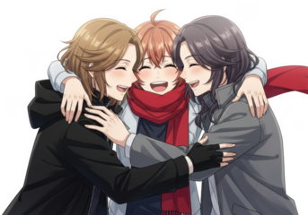 Three happy anime characters are embracing each other isolated on transparent background they are smiling and wearing winter clothes and scarves