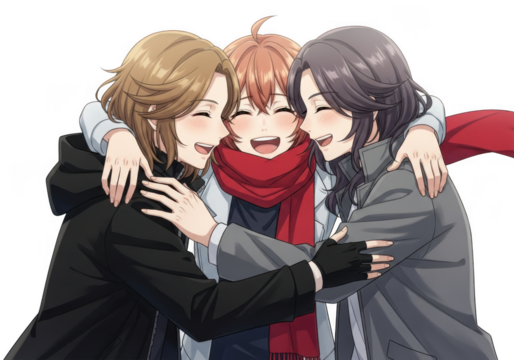 Three happy anime characters are embracing each other isolated on transparent background they are smiling and wearing winter clothes and scarves - Powered by Adobe