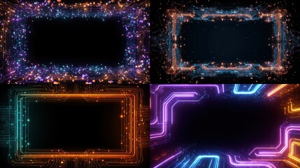 Four vibrant digital frames glow with neon circuits and sparkling particles, outlining a black space
