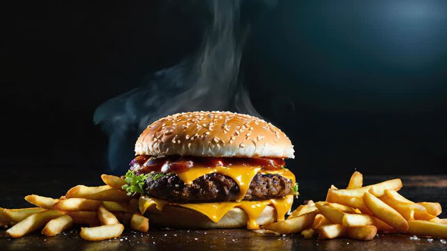 Juicy cheeseburger with crispy fries served on a dark wooden surface