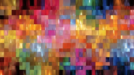 A mosaic-like composition of colorful, glossy, rectangular tiles, with gradients & iridescent light