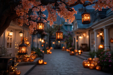 Charming Halloween Eve with Lanterns and Pumpkin Decorations on Cozy Street