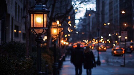 Obraz premium Urban Street at Dusk, Retro Street Lamps with Warm Light, Pedestrians and Vehicle Light Spots Create a Warm Urban Atmosphere