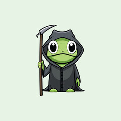 Adorable Frog Grim Reaper in Black Hood with Scythe