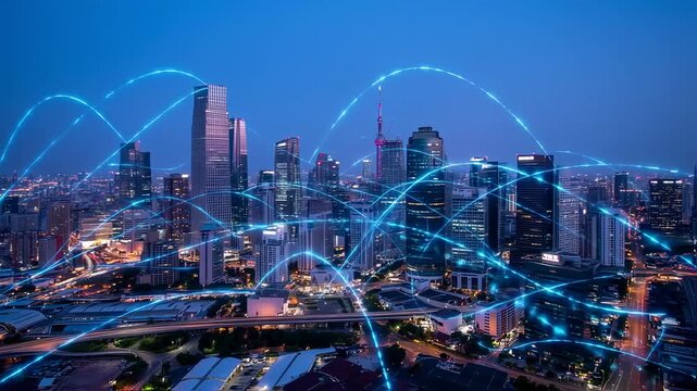 Connected cityscapes with fiber optic networks in modern metropolis video