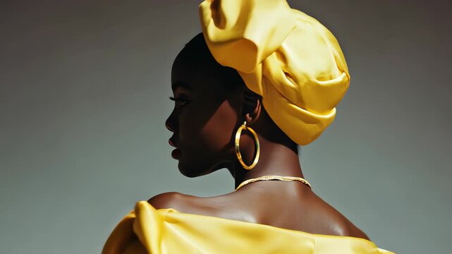 Portrait of a woman in vibrant yellow attire showcasing bold fashion and confident expression during a photoshoot