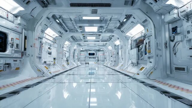 High tech space station hallway features sleek architecture, clean lines, modern lighting, creating sense advanced engineering. Environment suggests interstellar travel, futuristic living