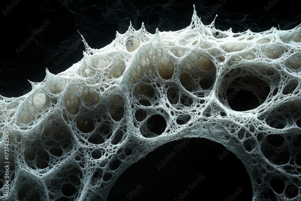 Wall mural stunning intricate white organic network structure with delicate fibers and countless holes on a dar
