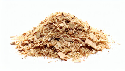 Pile of natural wood shavings isolated on white background, raw woodworking material, high-quality craft and construction texture image