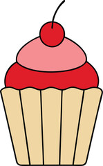 Flat Vector Cupcake with Cherry Topping on White Background